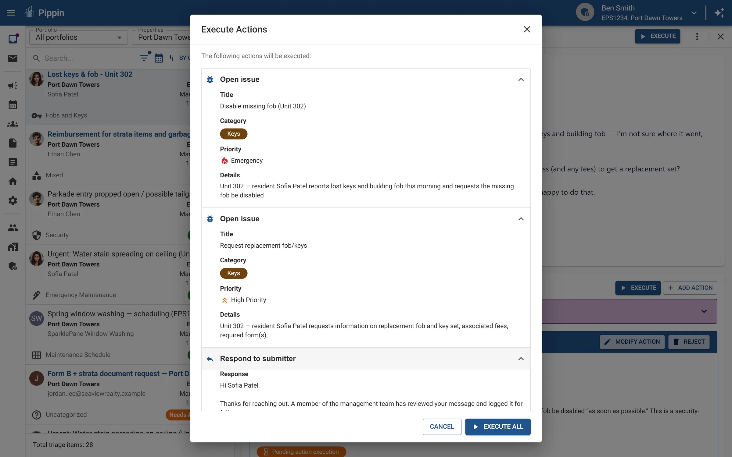 Triage queue showing inbound emails with AI classifications, recommended actions, and confidence indicators