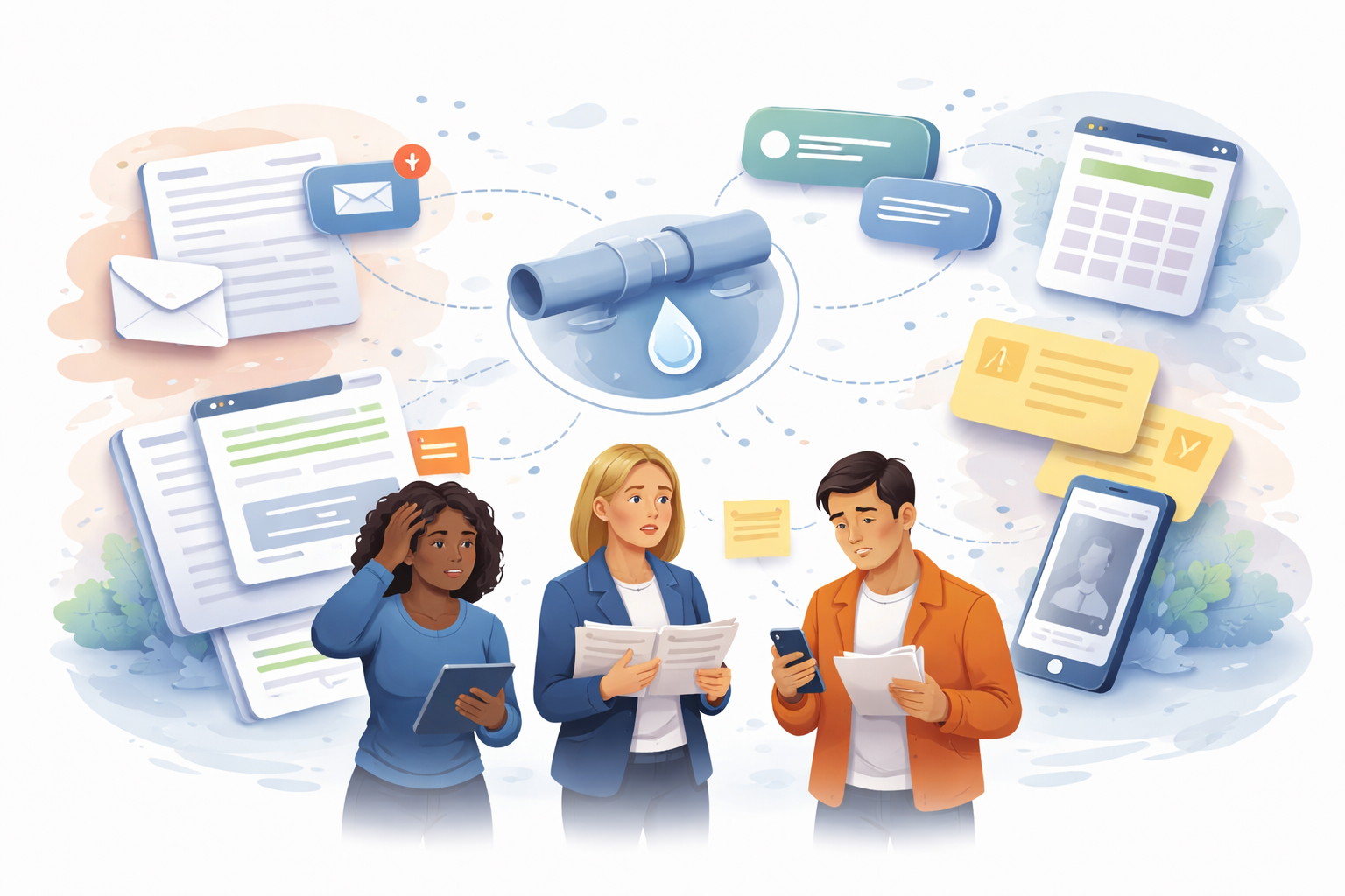 Issues scattered across emails, texts, and sticky notes