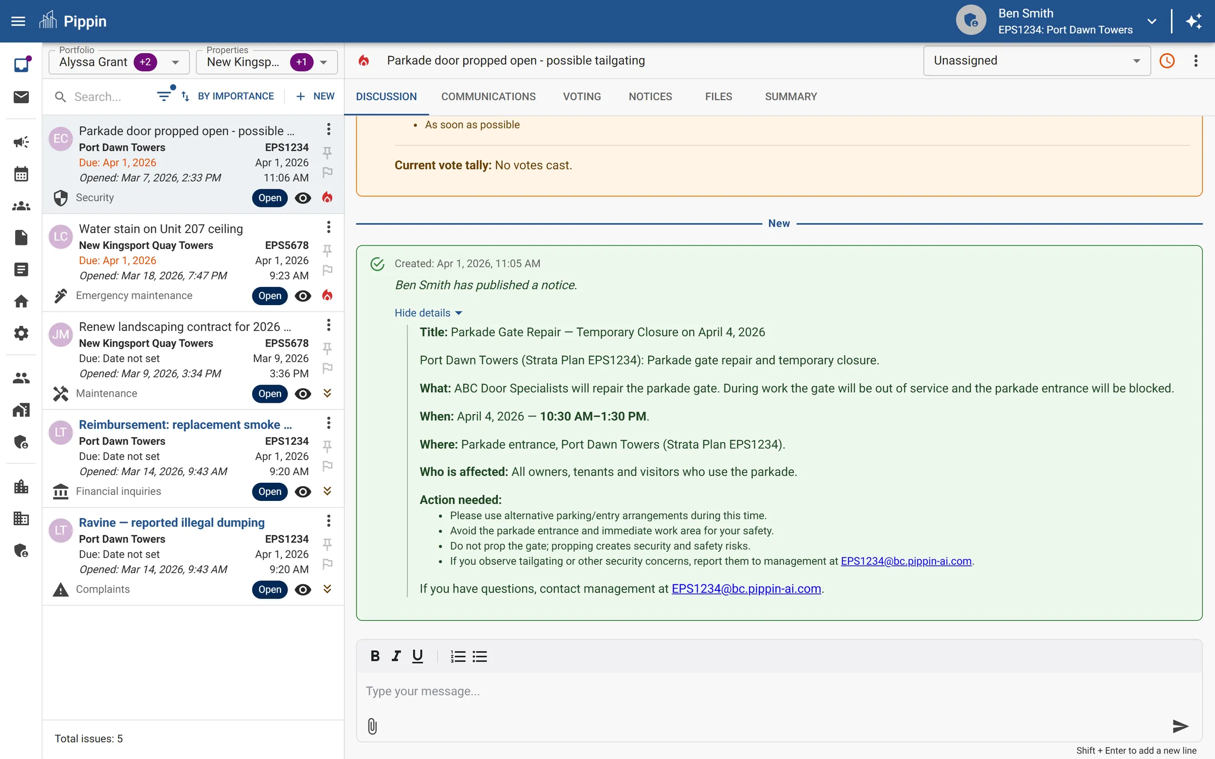 Notice builder showing auto-drafted content, recipient targeting, and delivery tracking